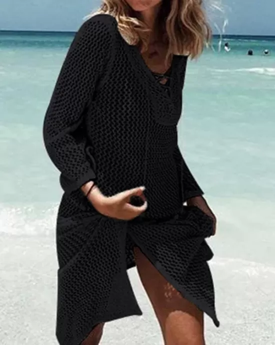 Crochet Lace-Up Long Sleeves Cover-Ups Tops