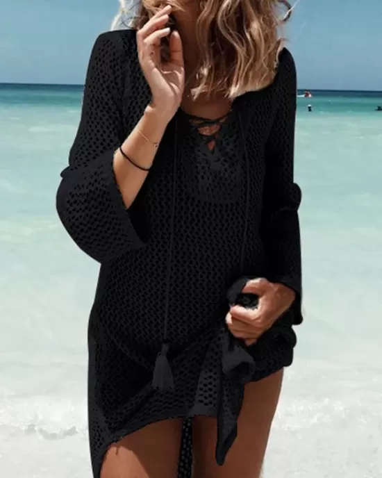 Crochet Lace-Up Long Sleeves Cover-Ups Tops