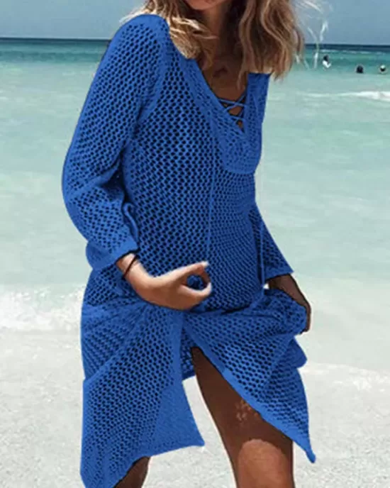 Crochet Lace-Up Long Sleeves Cover-Ups Tops