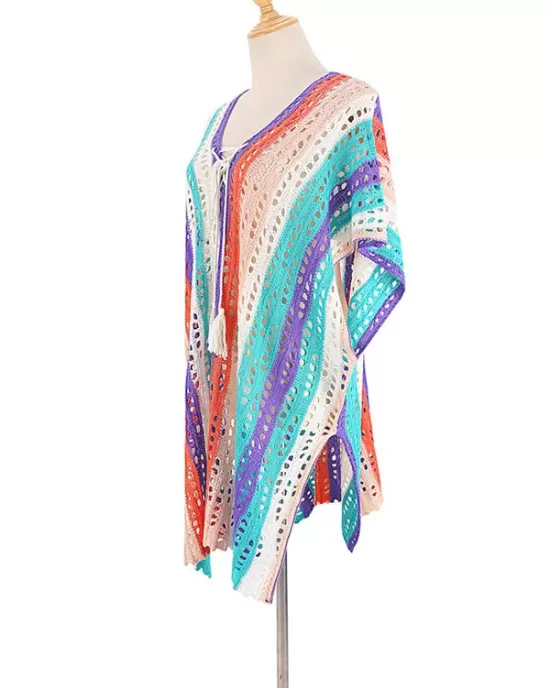 Loose Contrast Color Striped Hollow Split-Side Cover Up