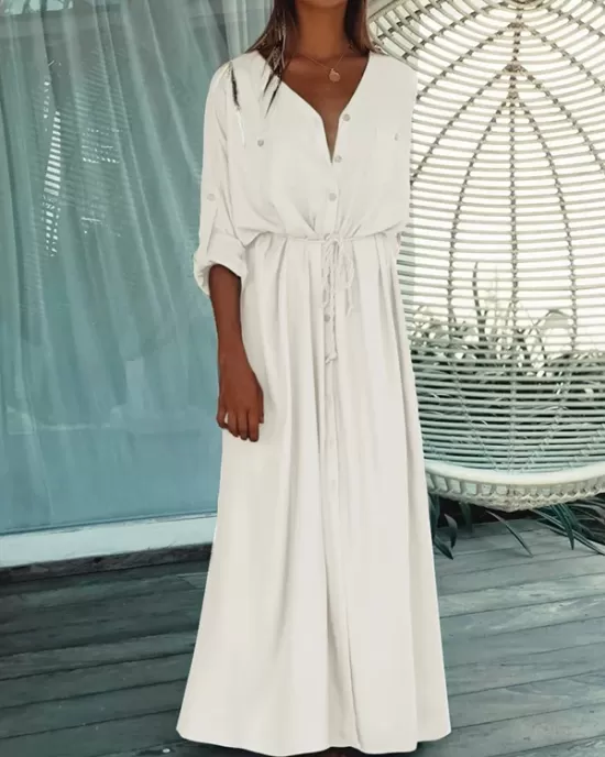 Bohemia Solid Color Long Sleeve Belted Maxi Dress