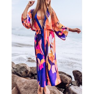 Floral-Print Long Sleeved Tunicshang Cover-Ups Tops