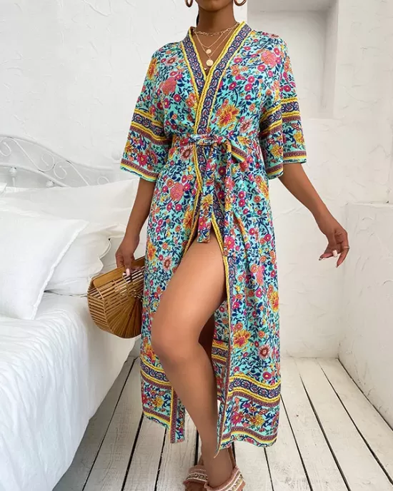 Loose Short Sleeve Floral Print Cardigan Cover-Up Swimwear