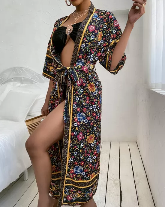 Loose Short Sleeve Floral Print Cardigan Cover-Up Swimwear