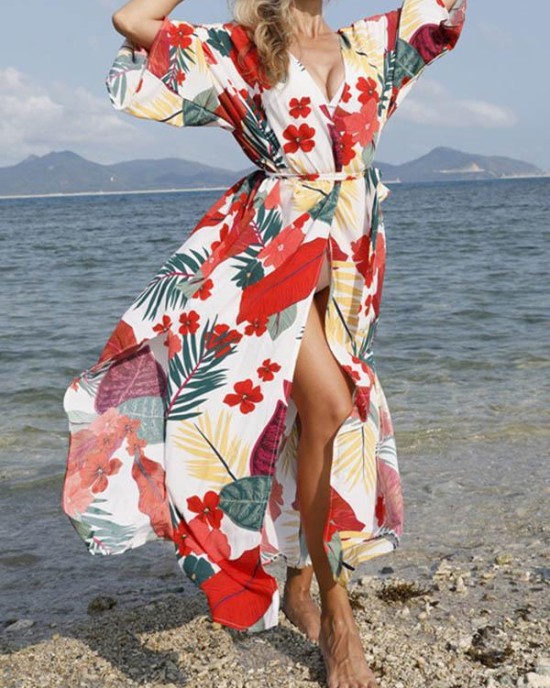 Floral-Print Belted Long Sleeve Tunicshang Cover-Ups