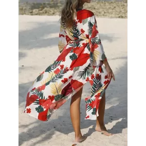 Floral-Print Belted Long Sleeve Tunicshang Cover-Ups