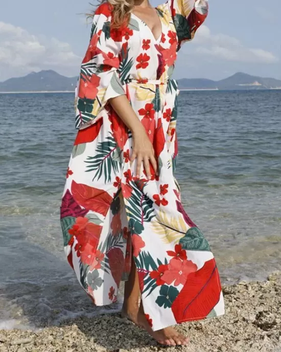 Floral-Print Belted Long Sleeve Tunicshang Cover-Ups