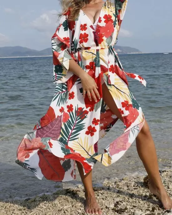 Floral-Print Belted Long Sleeve Tunicshang Cover-Ups