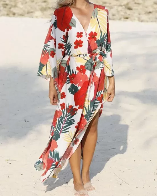 Floral-Print Belted Long Sleeve Tunicshang Cover-Ups