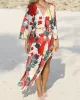 Floral-Print Belted Long Sleeve Tunicshang Cover-Ups