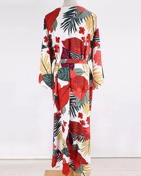 Floral-Print Belted Long Sleeve Tunicshang Cover-Ups