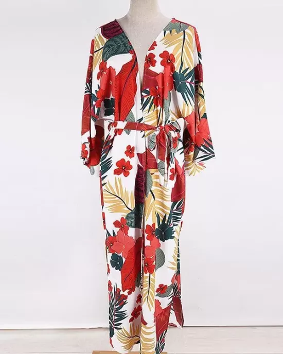 Floral-Print Belted Long Sleeve Tunicshang Cover-Ups