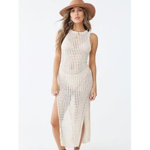 Crochetgo Hollow Sleeve Split-Side Vacation Cover-Up Swimwear