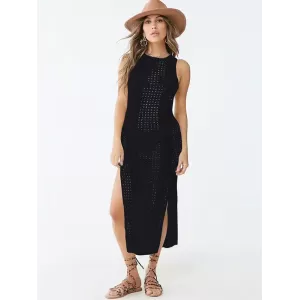 Crochetgo Hollow Sleeve Split-Side Vacation Cover-Up Swimwear