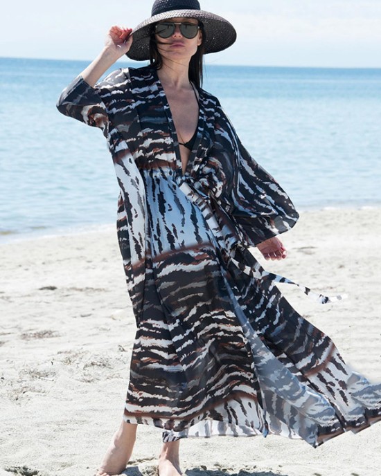 Long Sleeves Floral Printed Chiffon Cardigan Cover-Up Swimwear