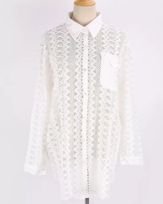 See-Through Lace Split-Joint Long Sleeved Shirt Cover-Ups Tops