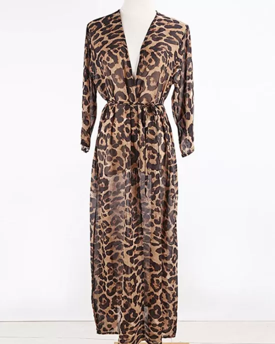 Chiffon Long Sleeve Leopard Long Sleeve Cardigan Cover-Up Swimwear