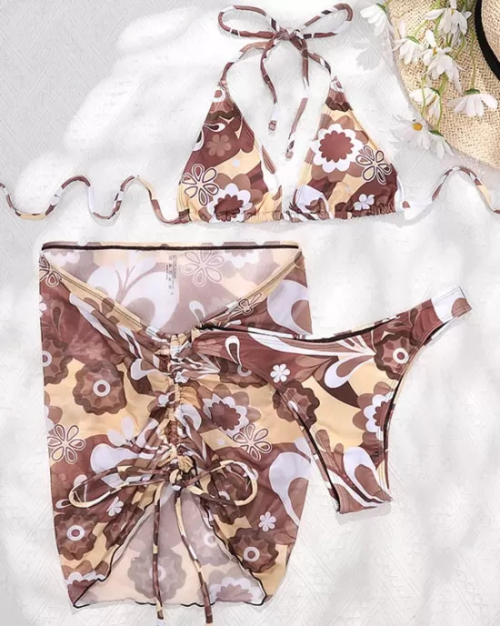 Floral-Print Triangles Bikini Swimsuit+Smocked Cover-Up Three-Piece Set