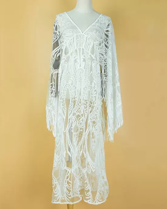 Sexy V-Neck Lace Half Sleeve Midi Dress Cover-Up Swimwear