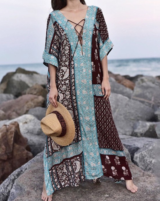 Ethnic Printed Flared Sleeves Cover-Ups Tops