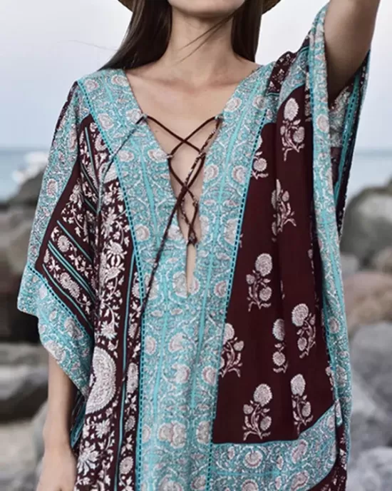 Ethnic Printed Flared Sleeves Cover-Ups Tops