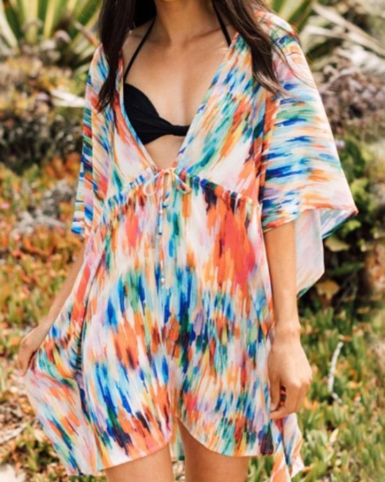 Colorful Gradient Bat Sleeves Belted Cover-Ups Tops