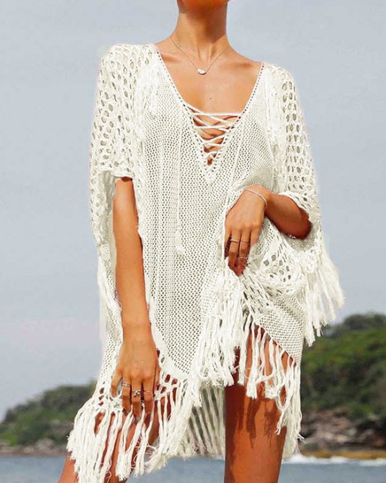 Crochet See-Through Half Sleeves Cover-Ups Tops