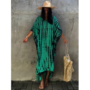 Bohemia Oversized Stripped Printed Batwing Sleeves Cover-Up