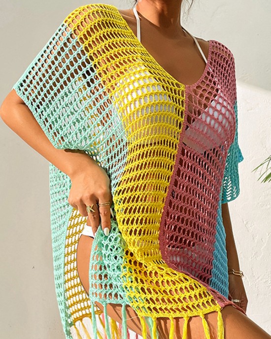 Vacation Loose Patchwork V-Neck Cover-Ups Swimwear