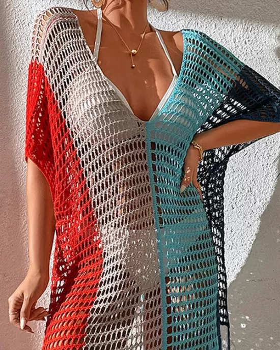 Vacation Loose Patchwork V-Neck Cover-Ups Swimwear