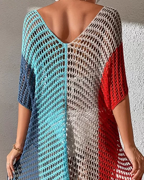 Vacation Loose Patchwork V-Neck Cover-Ups Swimwear