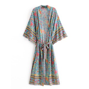 Vacation Loose Floral Printed Lace-Up V-Neck Kimono