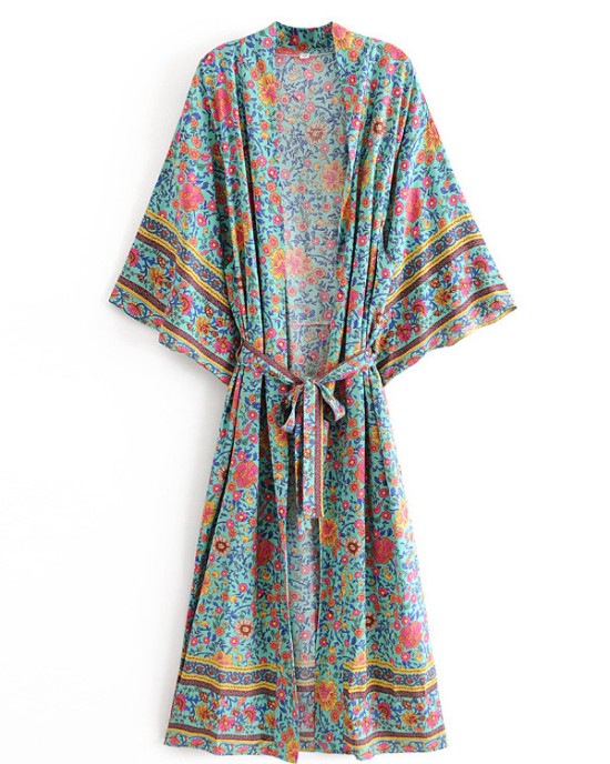 Vacation Loose Floral Printed Lace-Up V-Neck Kimono