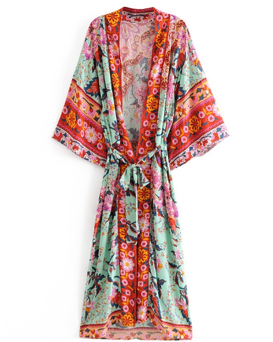 Vacation Loose Lace-Up Printed V-Neck Cover-Up Top