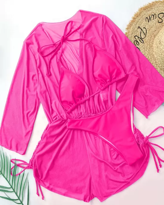 Three Pieces Set Loose Solid Color Padded Halter-Neck Bikini Swimsuit &Cover-Ups Rompers Swimwear