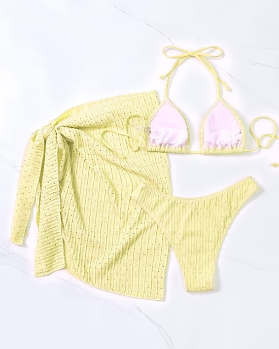 Simple Three Pieces Halterneck Triangle Bikini Set