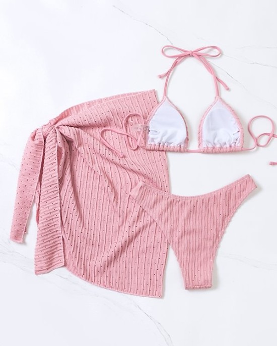 Simple Three Pieces Halterneck Triangle Bikini Set