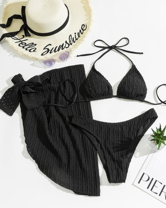 Simple Three Pieces Halterneck Triangle Bikini Set