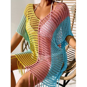 Colorful V-Neck Tassles Mini Cover-Ups Dress