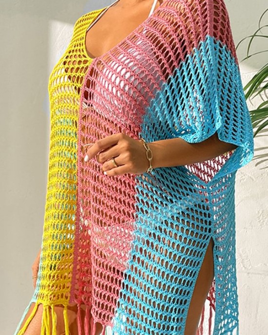 Colorful V-Neck Tassles Mini Cover-Ups Dress