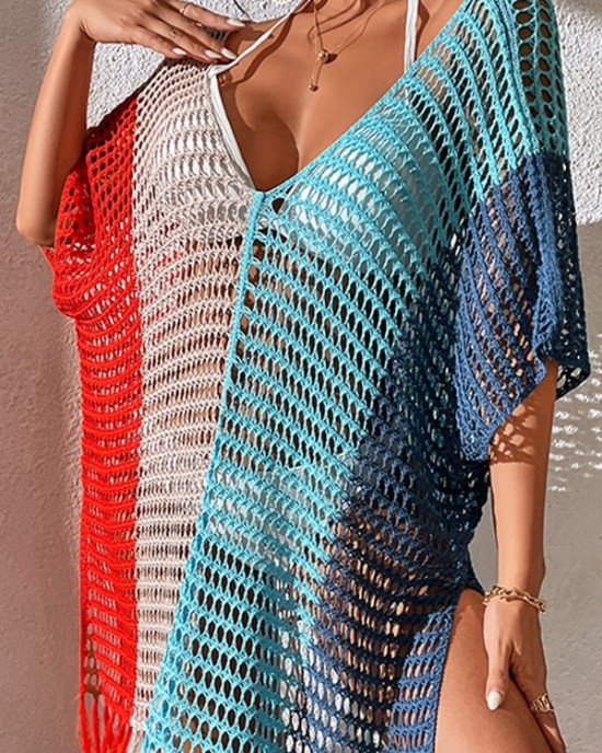 Colorful V-Neck Tassles Mini Cover-Ups Dress