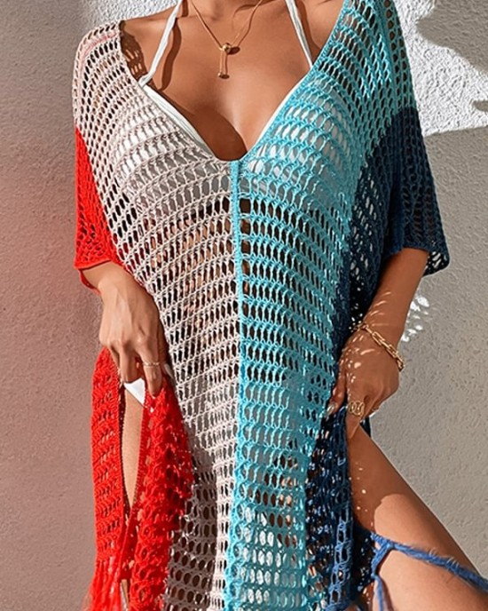 Colorful V-Neck Tassles Mini Cover-Ups Dress