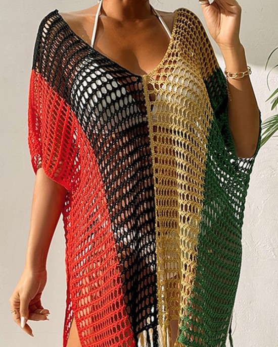 Colorful V-Neck Tassles Mini Cover-Ups Dress