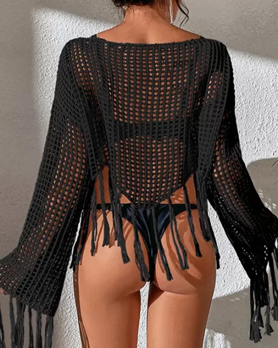 Hollow Tassels Long Sleeves Cover-Ups Swimsuit