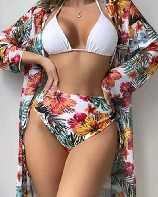 Triangle Halterneck Floral Three Pieces Bikini Set