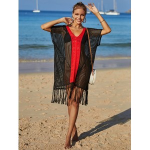 Color-Block Hollow Tasseled Batwing Sleeves Loose Deep V-Neck Cover-Ups Swimwear