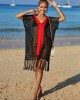 Color-Block Hollow Tasseled Batwing Sleeves Loose Deep V-Neck Cover-Ups Swimwear