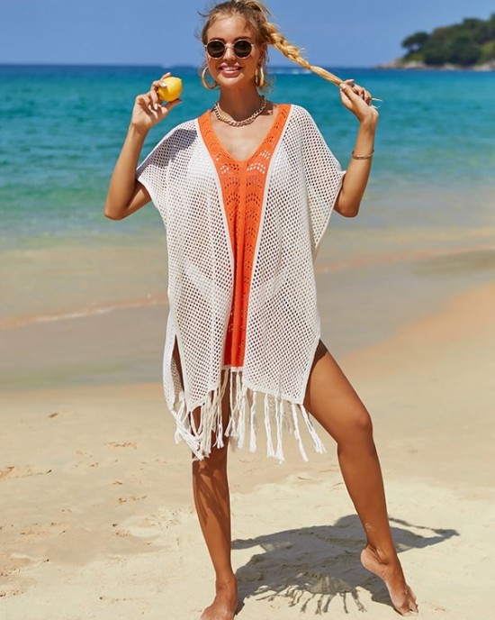 Color-Block Hollow Tasseled Batwing Sleeves Loose Deep V-Neck Cover-Ups Swimwear