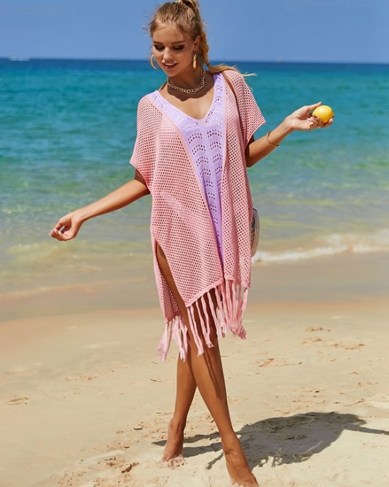 Color-Block Hollow Tasseled Batwing Sleeves Loose Deep V-Neck Cover-Ups Swimwear