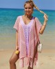 Color-Block Hollow Tasseled Batwing Sleeves Loose Deep V-Neck Cover-Ups Swimwear